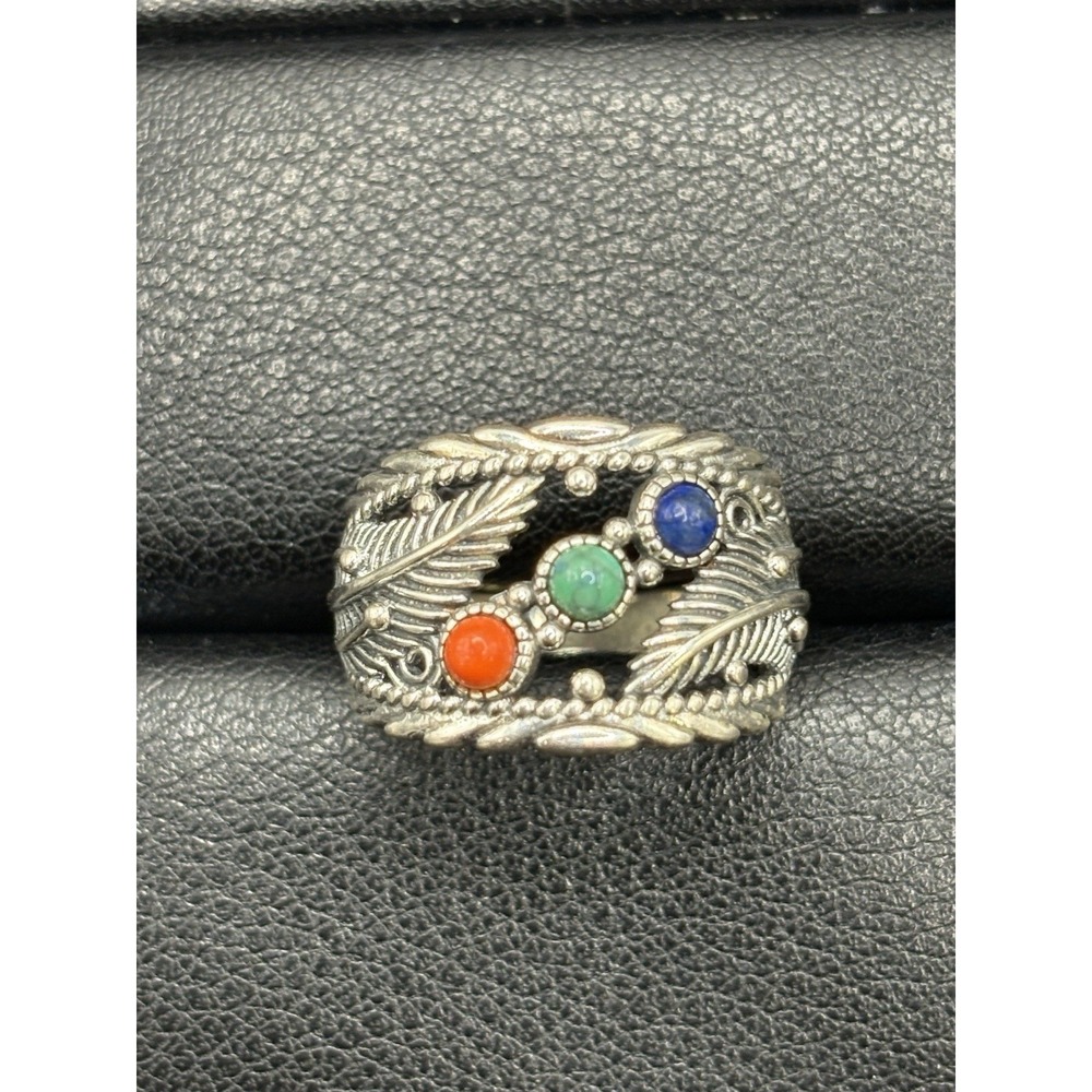 New Condition Coral Turquoise Lapis Silver Feathers Band Ring 925 Size 7 J23